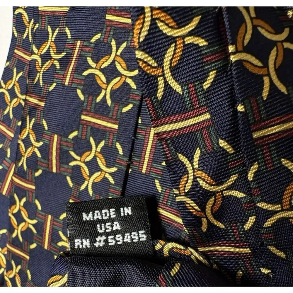 Ted Lapidus Silk Tie USA‎ Navy Blue Gold Yellow Burgundy Circle Chain 4